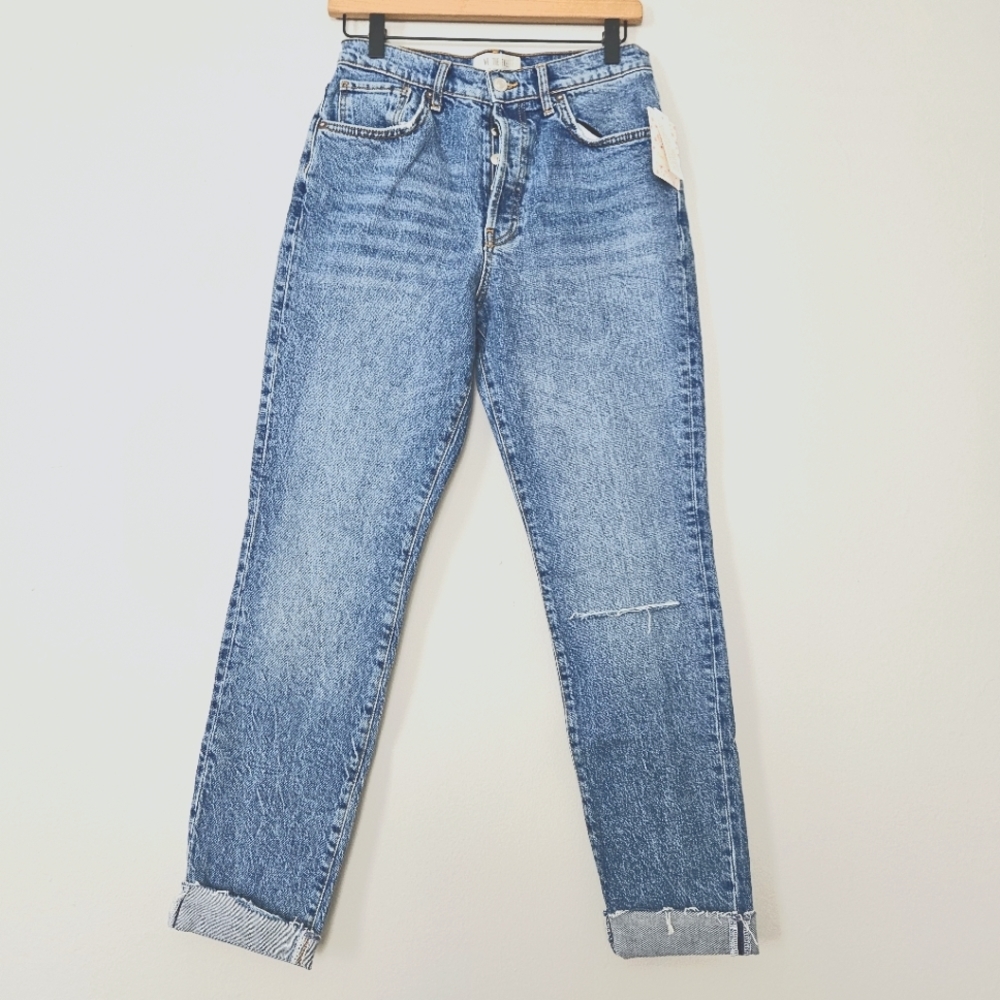 NWT Free People Stella Dark Blue distressed button fly jeans size 29